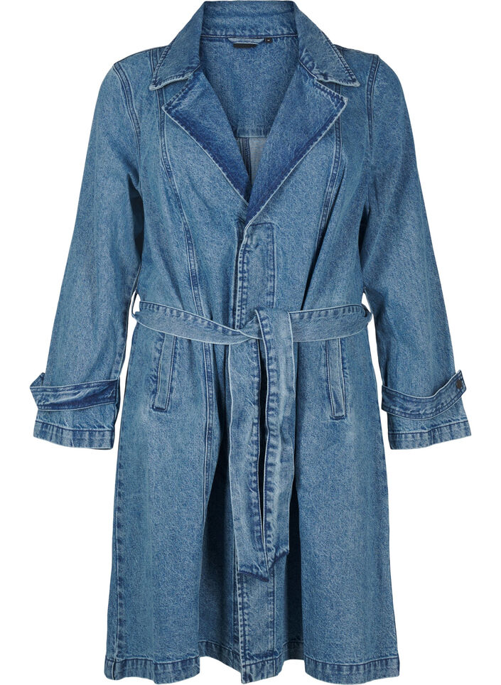 Denim trenchcoat med bælte, Blue Denim, Packshot image number 0