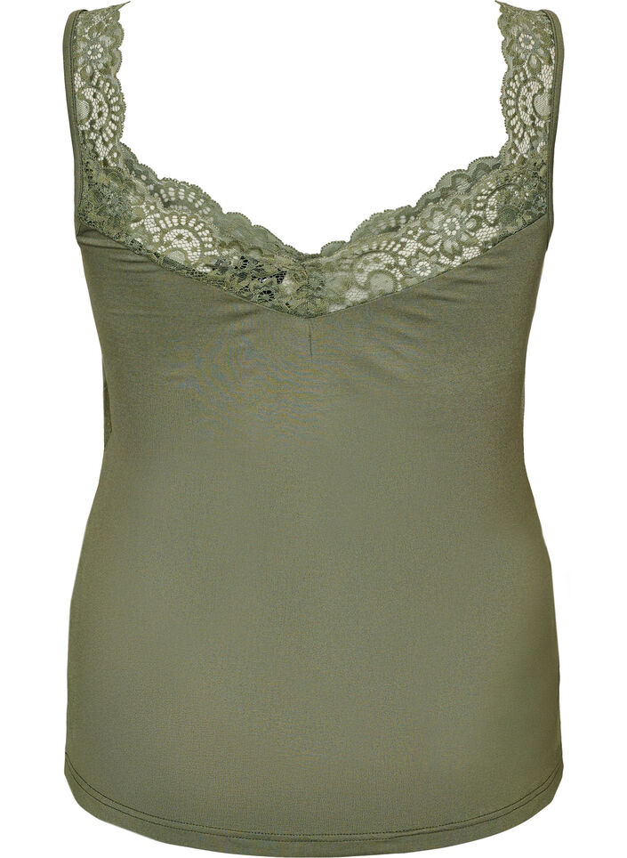Viskose top med blondekant, Gr&oslash;n, Packshot image number 1