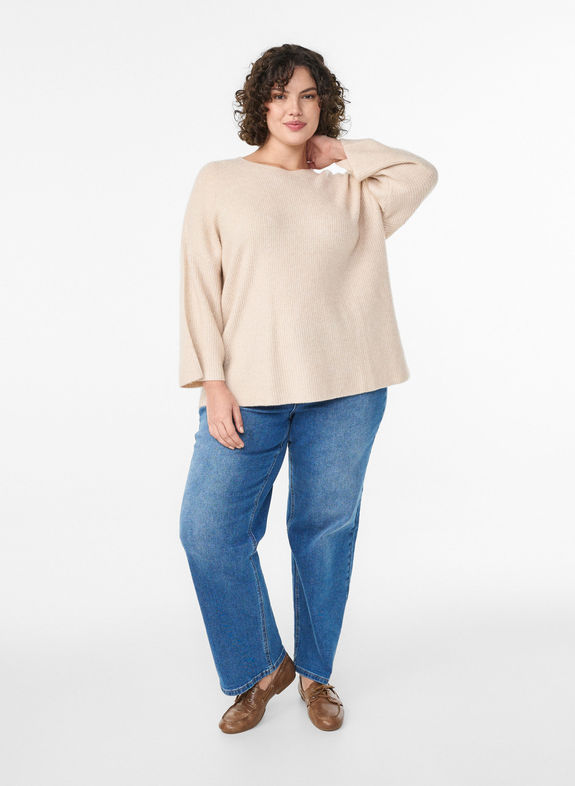 Zizzi L&oslash;s strikbluse med 3/4-&aelig;rmer, Beige, Model image number 1
