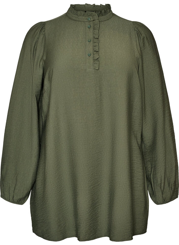 Viskosetunika med fl&aelig;ser og knapper, Gr&oslash;n, Packshot image number 0