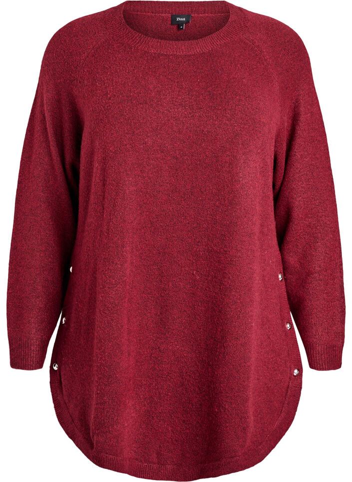 Lang strikbluse med kugleknapper, M&oslash;rk Bordeaux, Packshot image number 0