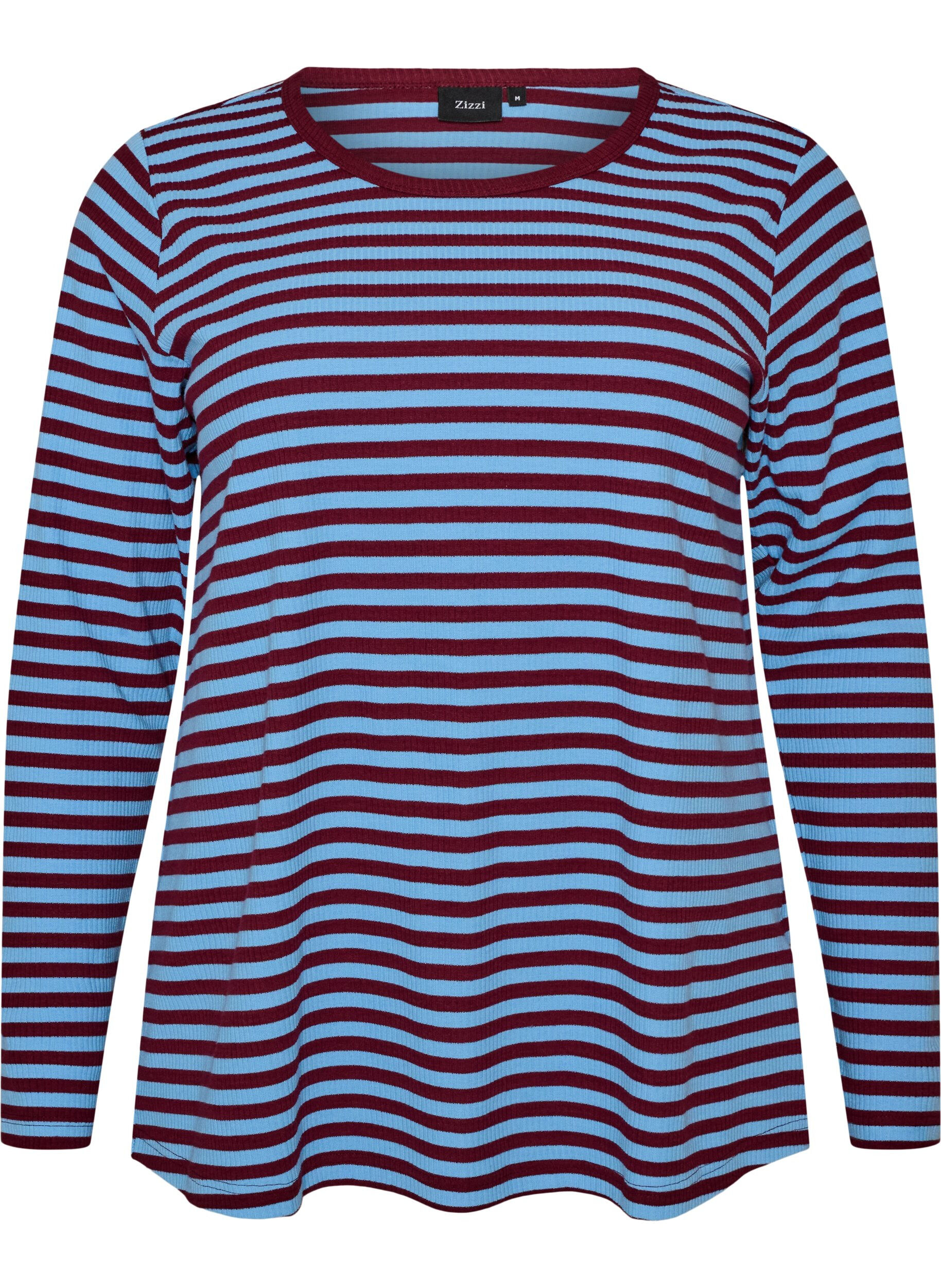 ZizziStribet bluse med lange &aelig;rmer, Bl&aring;, Packshot image number 0