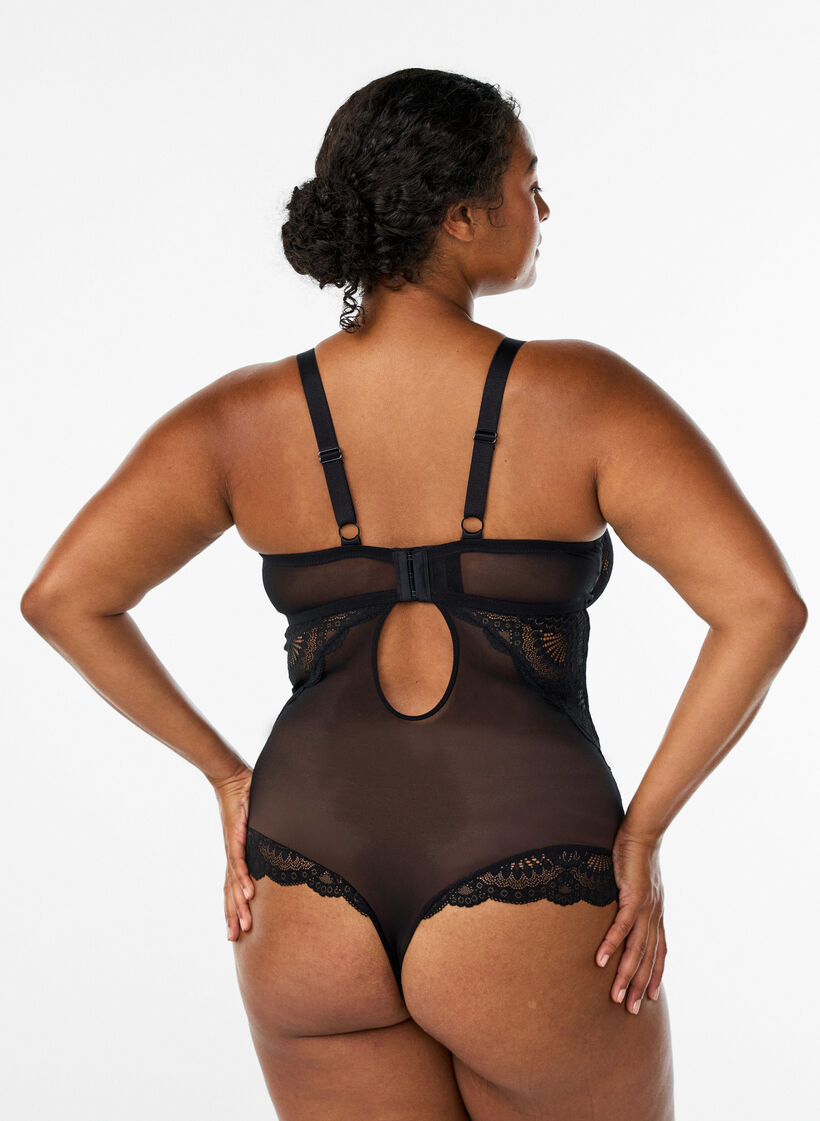 Blonde bodystocking med sn&oslash;re-detaljer, Sort, Model image number 1