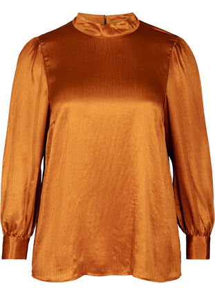Shiny bluse med lange pufærmer, Buckthorn Brown, Packshot image number 0