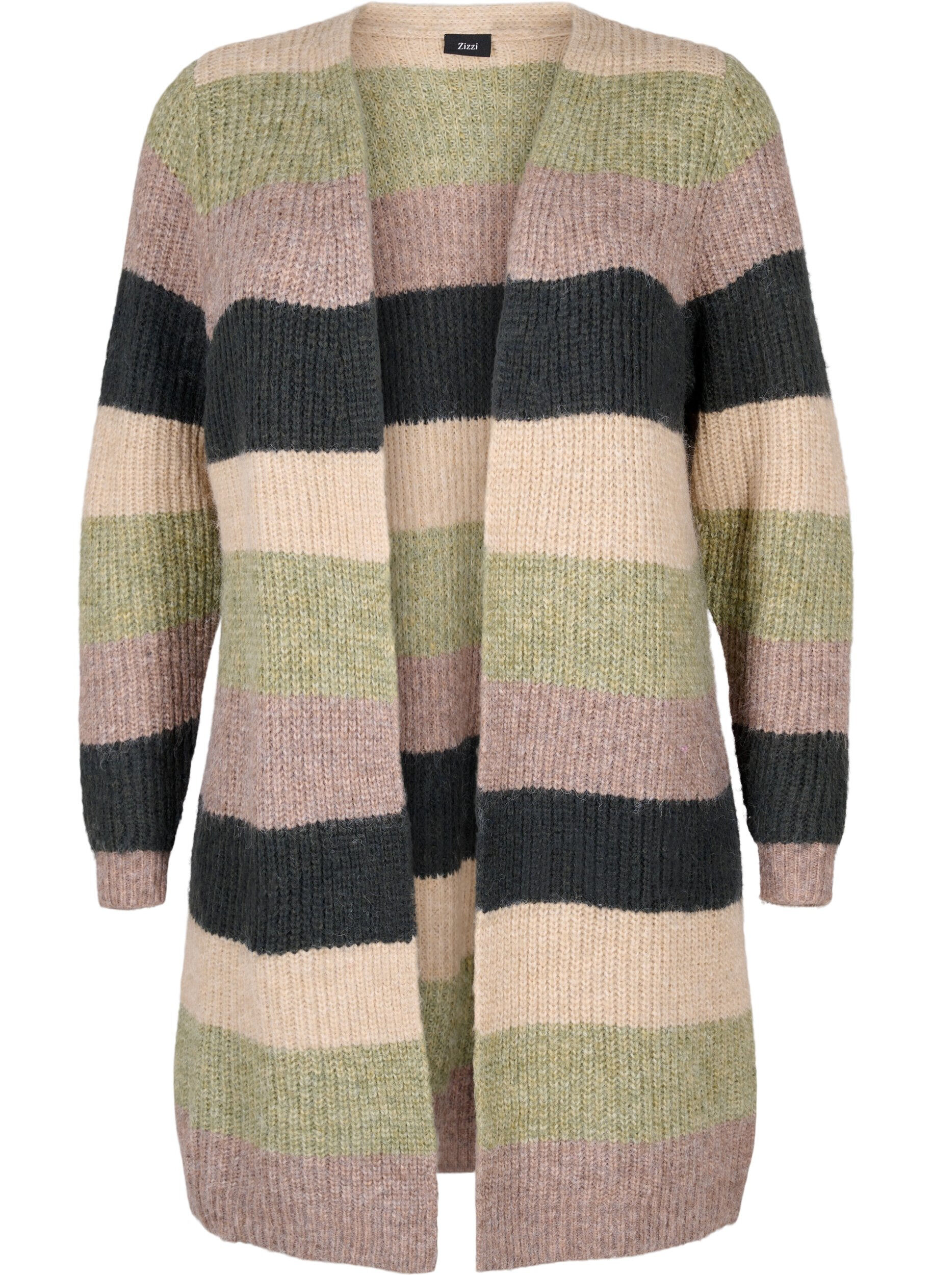 Zizzi Lang ribstrikket cardigan med striber, Forest Night Comb, Packshot image number 0