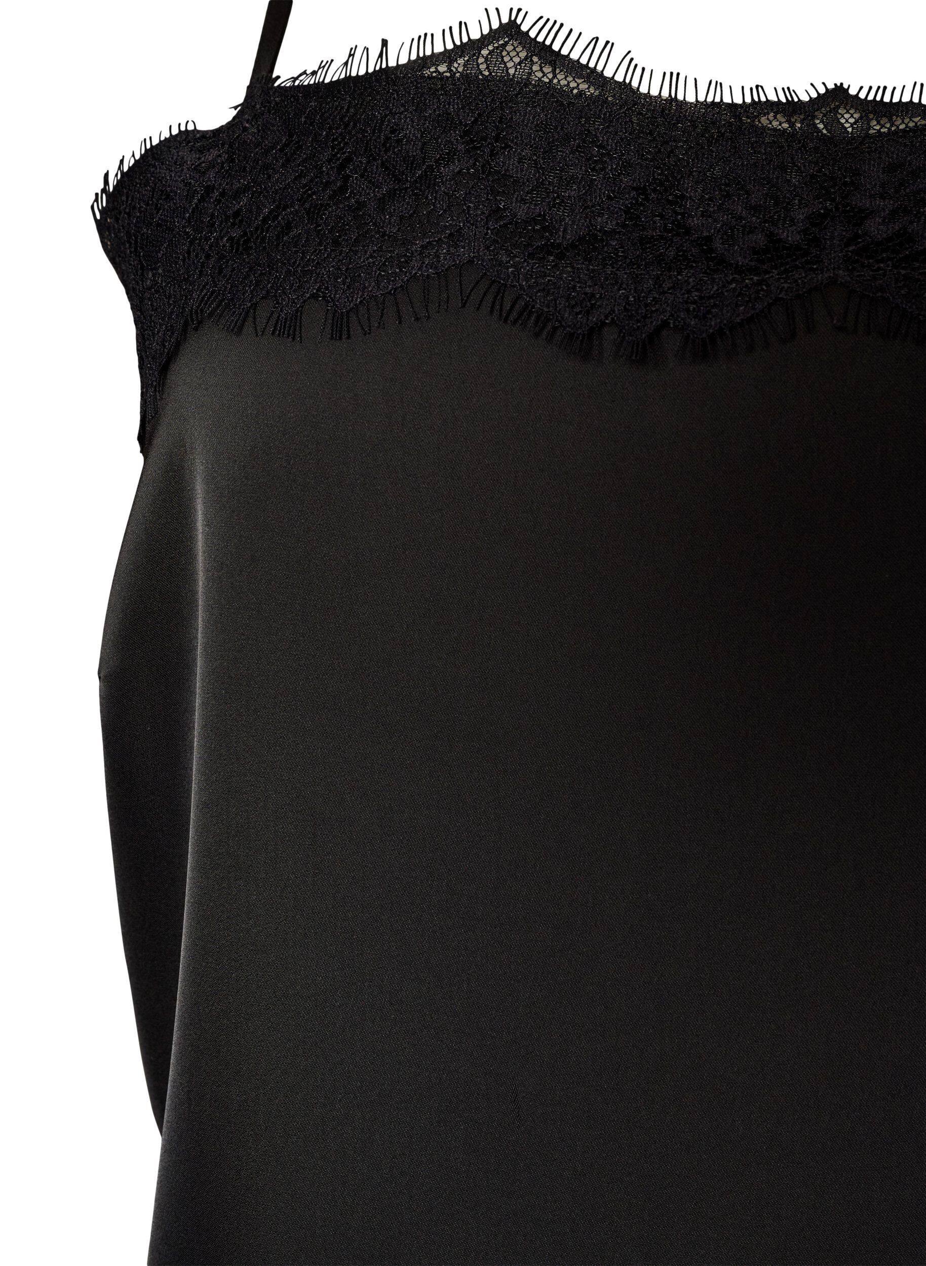ZizziLang satintop med blondekanter, Sort, Packshot image number 2
