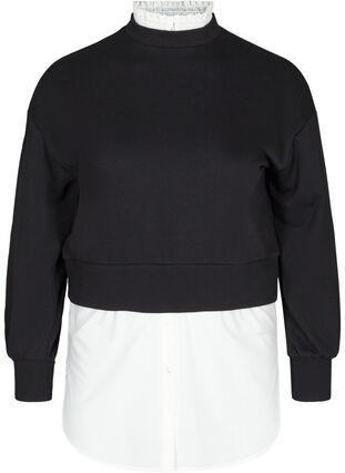 Sweatshirt med påsyet skjorte, Black, Packshot image number 0