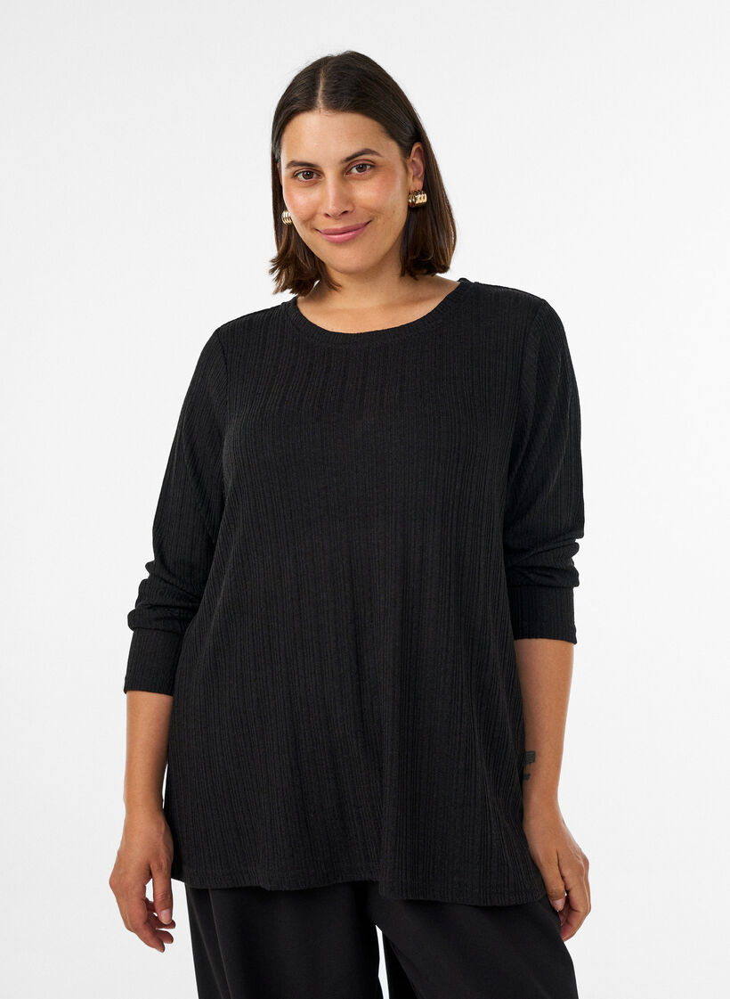 Jerseybluse med ribstruktur og lange &aelig;rmer , Sort, Model image number 0