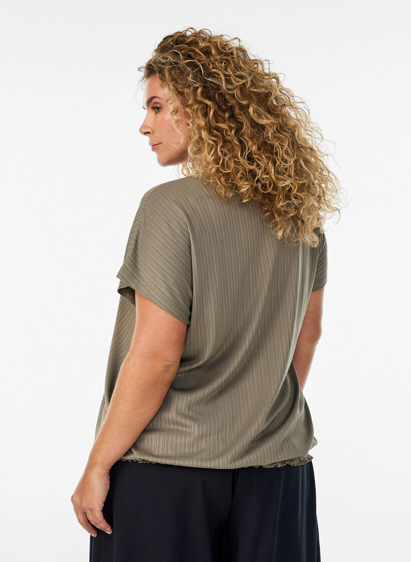 Jerseybluse med strukturstriber og smockkant, Brun, Model image number 2