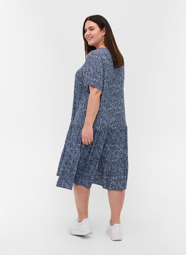Kortærmet viskose kjole med print, Blue Flower Mix, Model image number 1