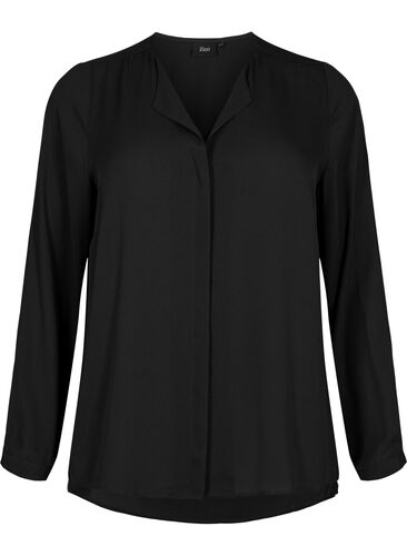 Ensfarvet skjorte med v-udskæring, Black, Packshot image number 0