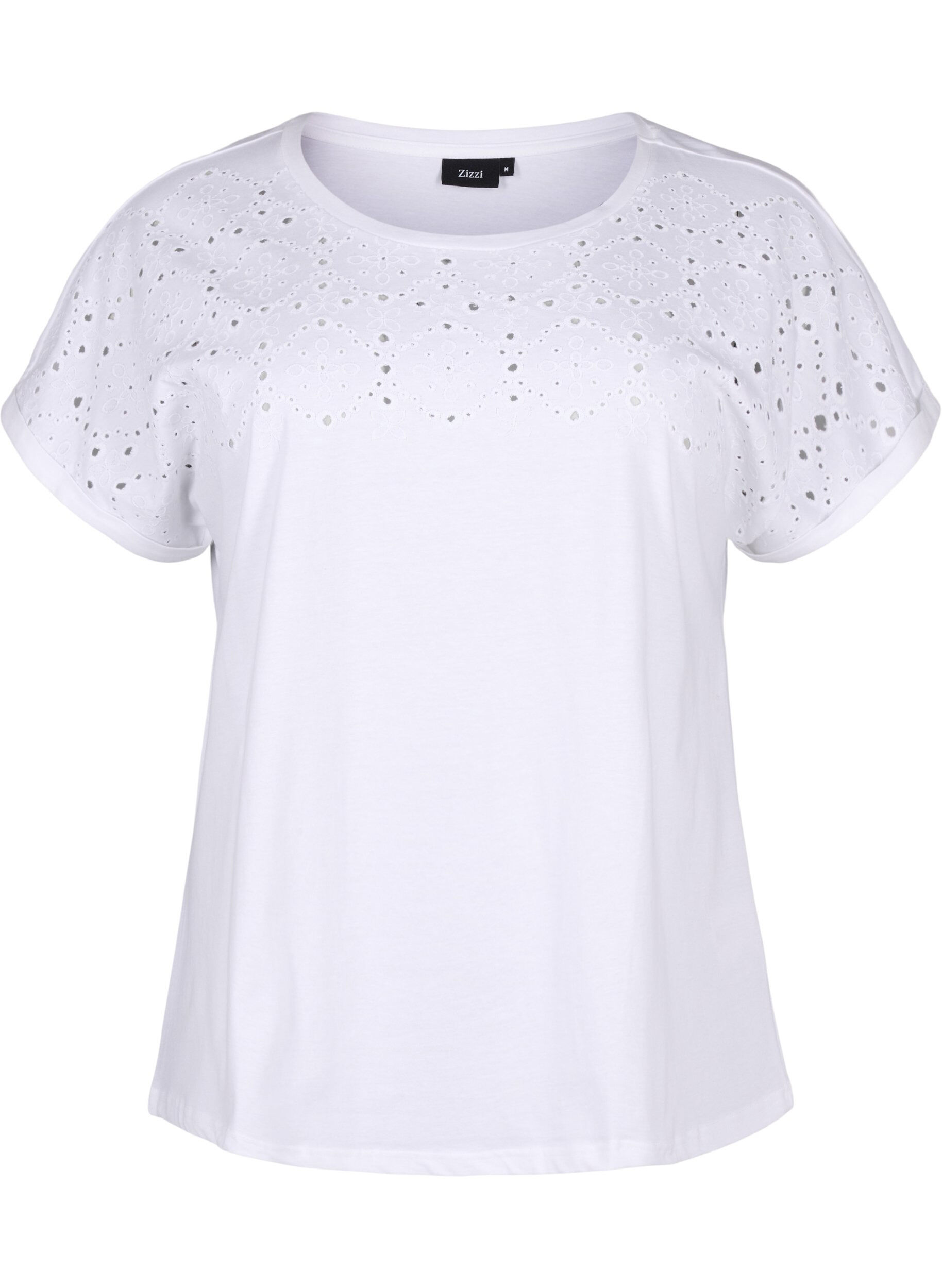 Zizzi T-shirt i &oslash;kologisk bomuld med broderi anglaise, Bright White, Packshot image number 0