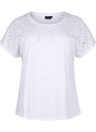 T-shirt i økologisk bomuld med broderi anglaise, Bright White, Packshot image number 0