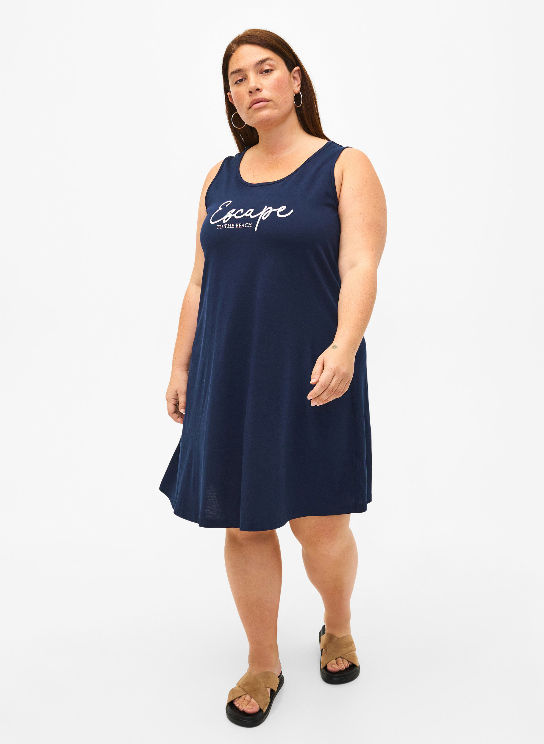 Zizzi &AElig;rmel&oslash;s bomulds kjole med a-shape, Navy B. W. Escape, Model image number 2