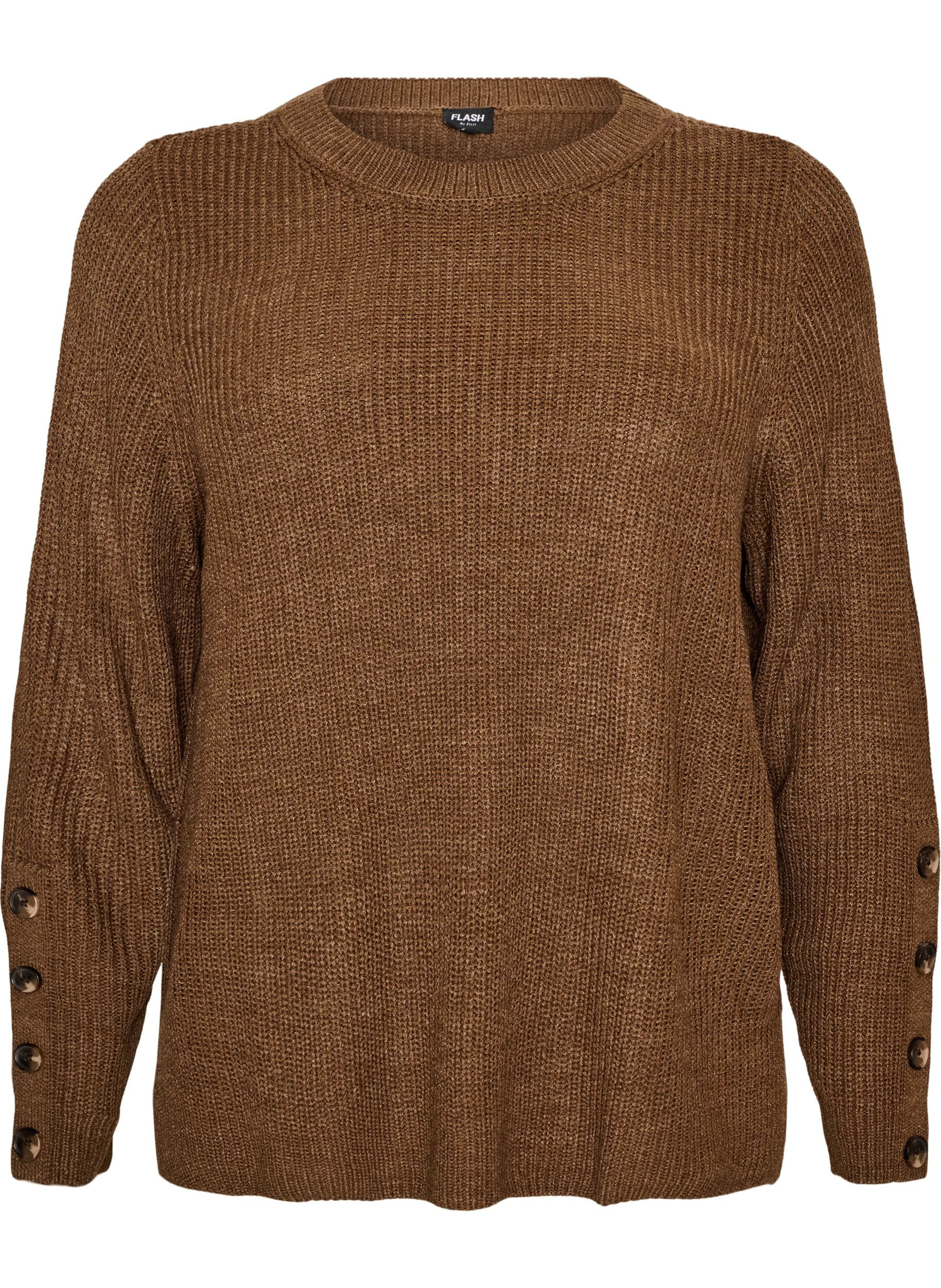 ZizziStrikbluse med ribstruktur og knapdetaljer, Brun, Packshot image number 0