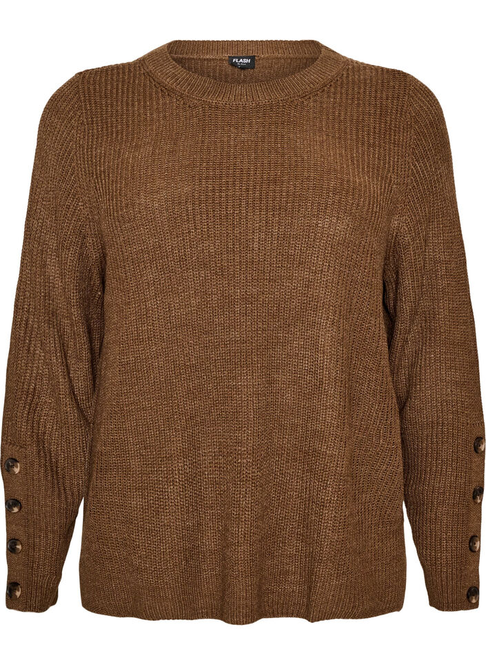 Strikbluse med ribstruktur og knapdetaljer, Brun, Packshot image number 0