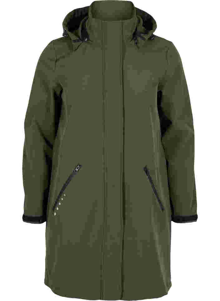 Lang softshell jakke med hætte, Forest Night Solid, Packshot image number 0