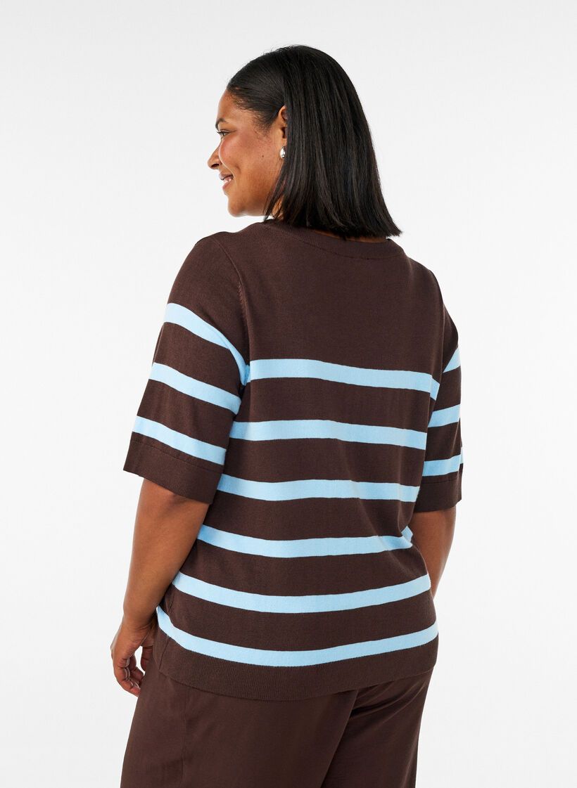 Stribet strikbluse med korte &aelig;rmer, Brun, Model image number 2