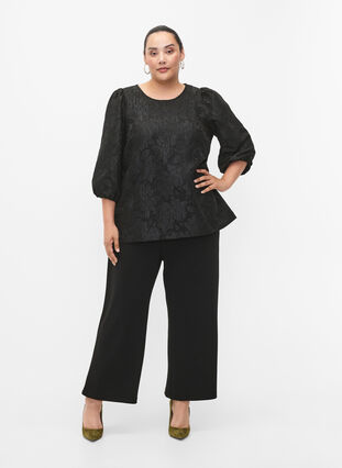 Bluse i jacquard med 3/4 ærmer, Black, Model image number 2