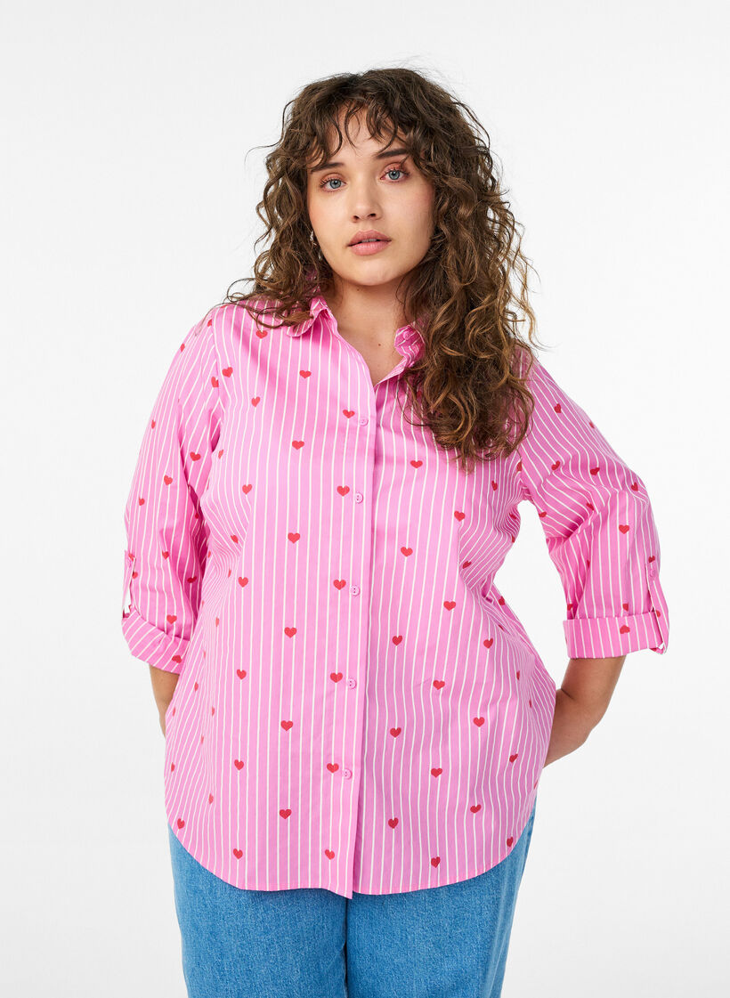 Skjortebluse med striber og hjerter, Lyser&oslash;d, Model image number 0