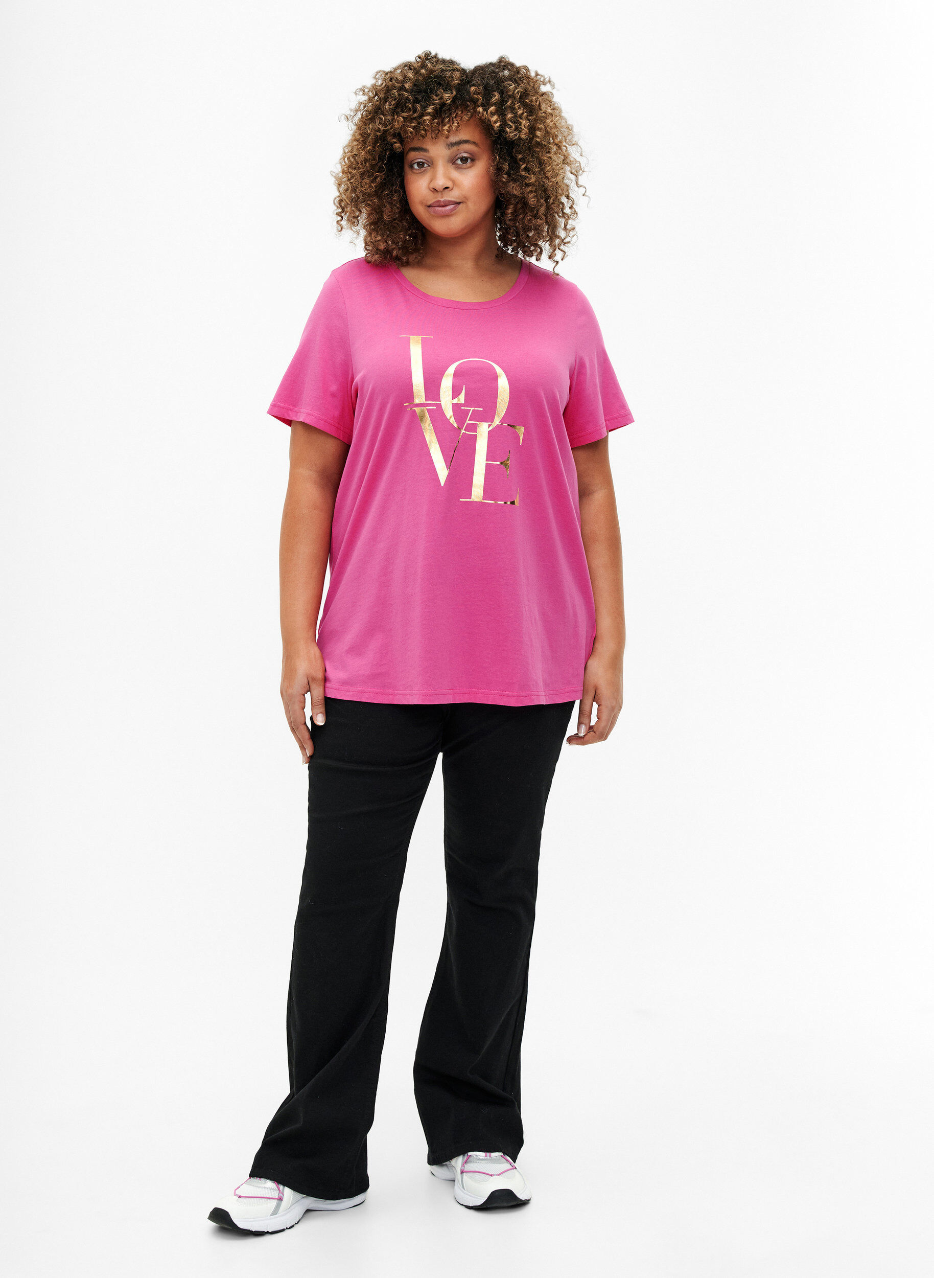 Zizzi T-shirt i bomuld med guldfarvet tekst , R.Sorbet w.Gold Love, Model image number 2