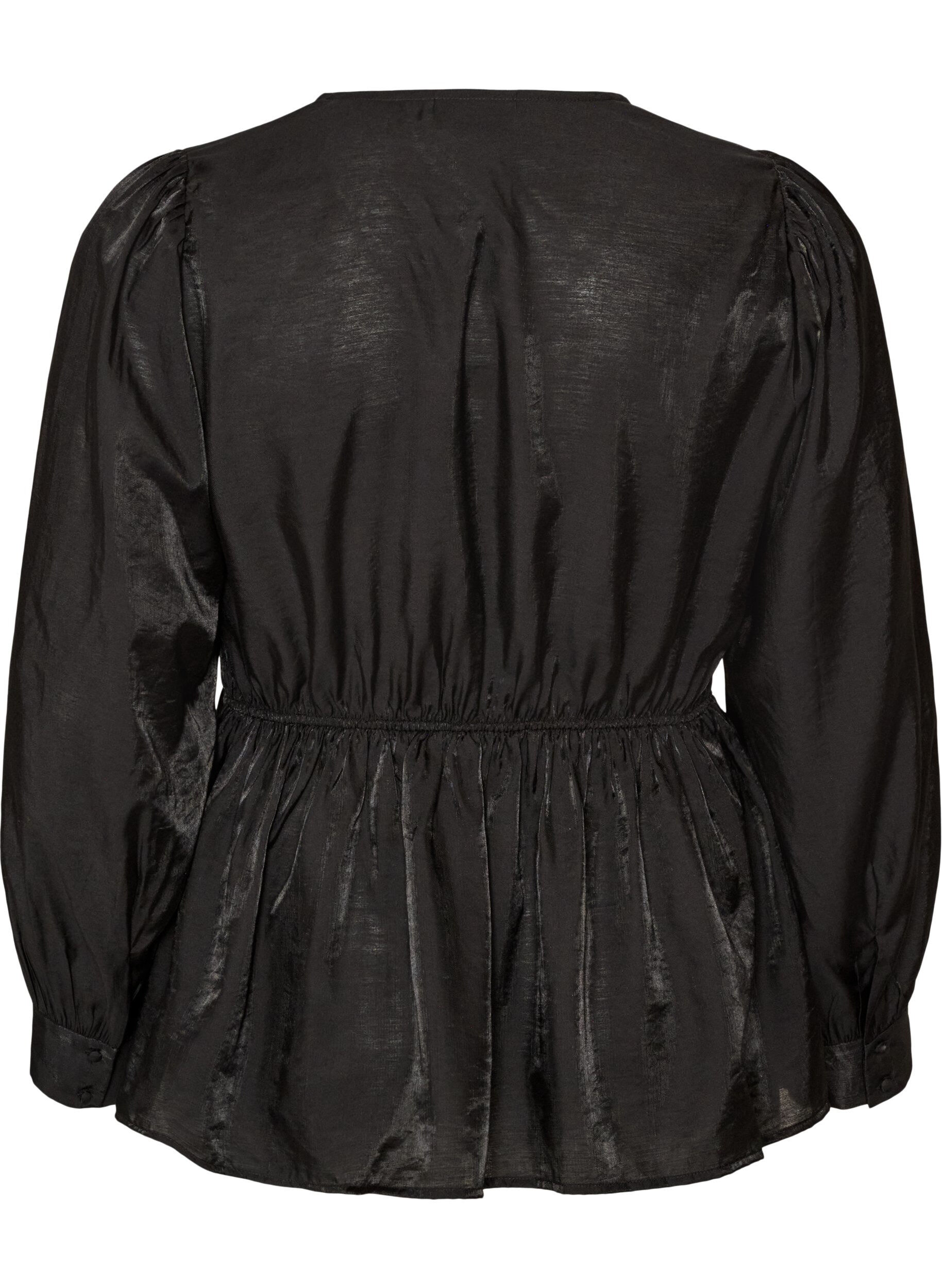 ZizziGlansfuld viskosebluse med peplum-effekt, Sort, Packshot image number 1