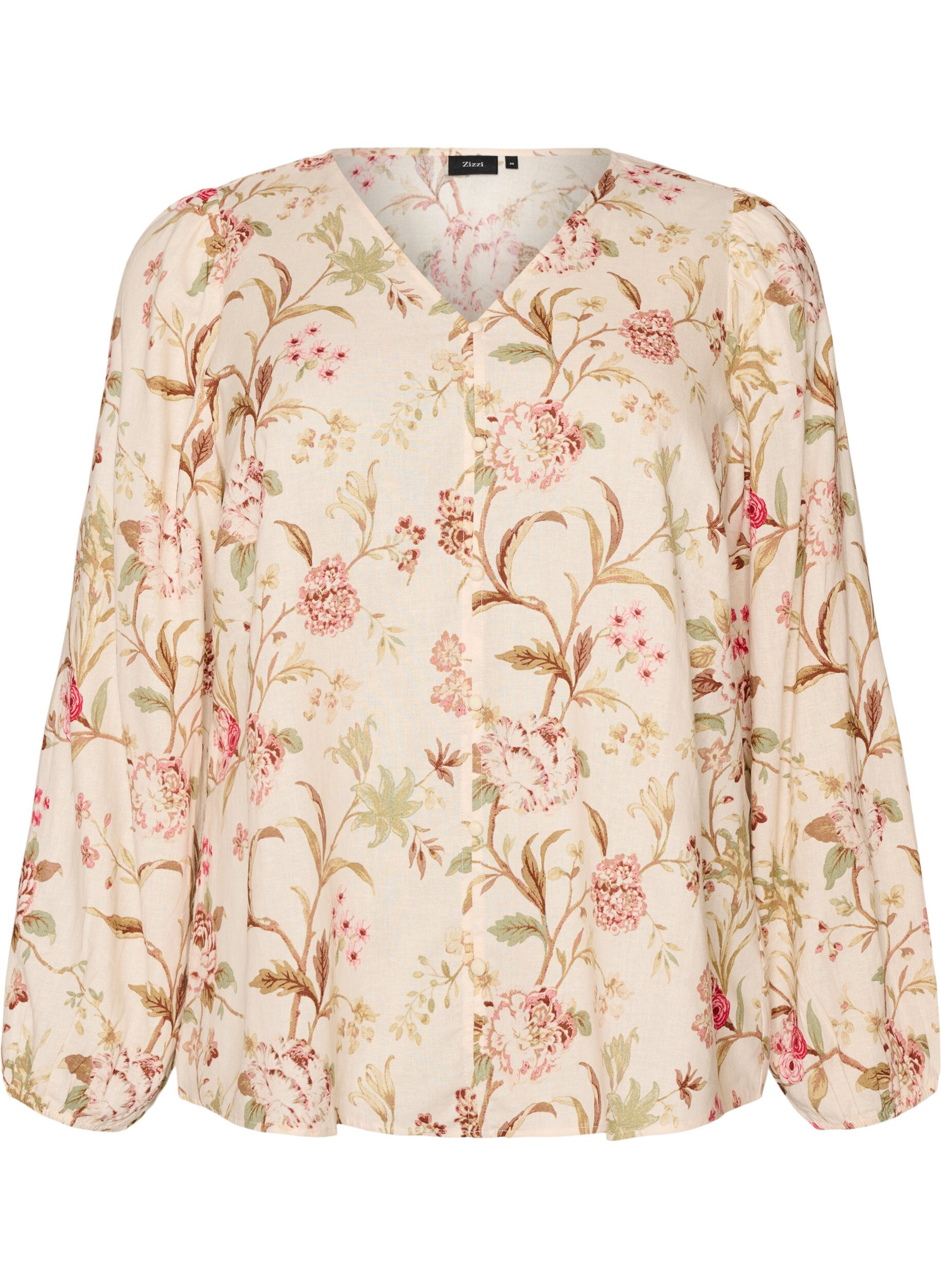 ZizziBlomstret bluse i h&oslash;r og viskose med lange &aelig;rmer, Vanilla, Packshot image number 0