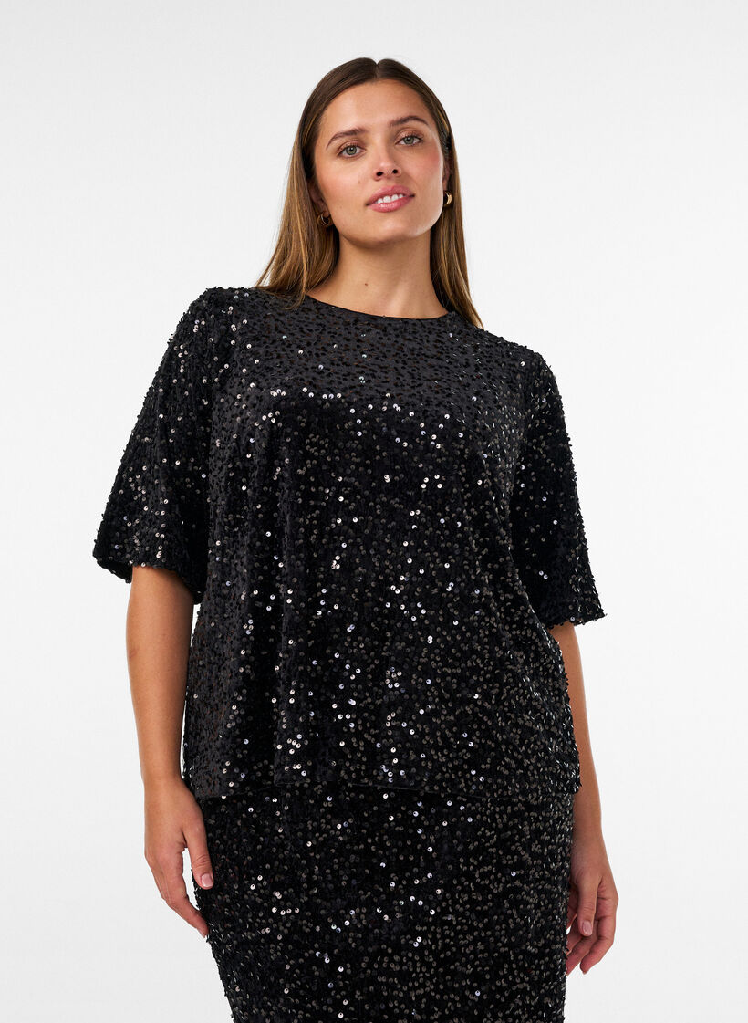 Pailletbluse med albuelange &aelig;rmer, Sort, Model image number 0