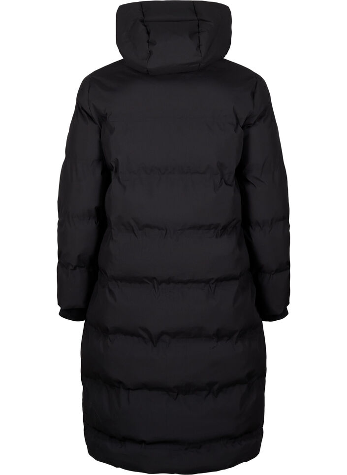 Lang puffer vinterjakke med h&aelig;tte, Sort, Packshot image number 1