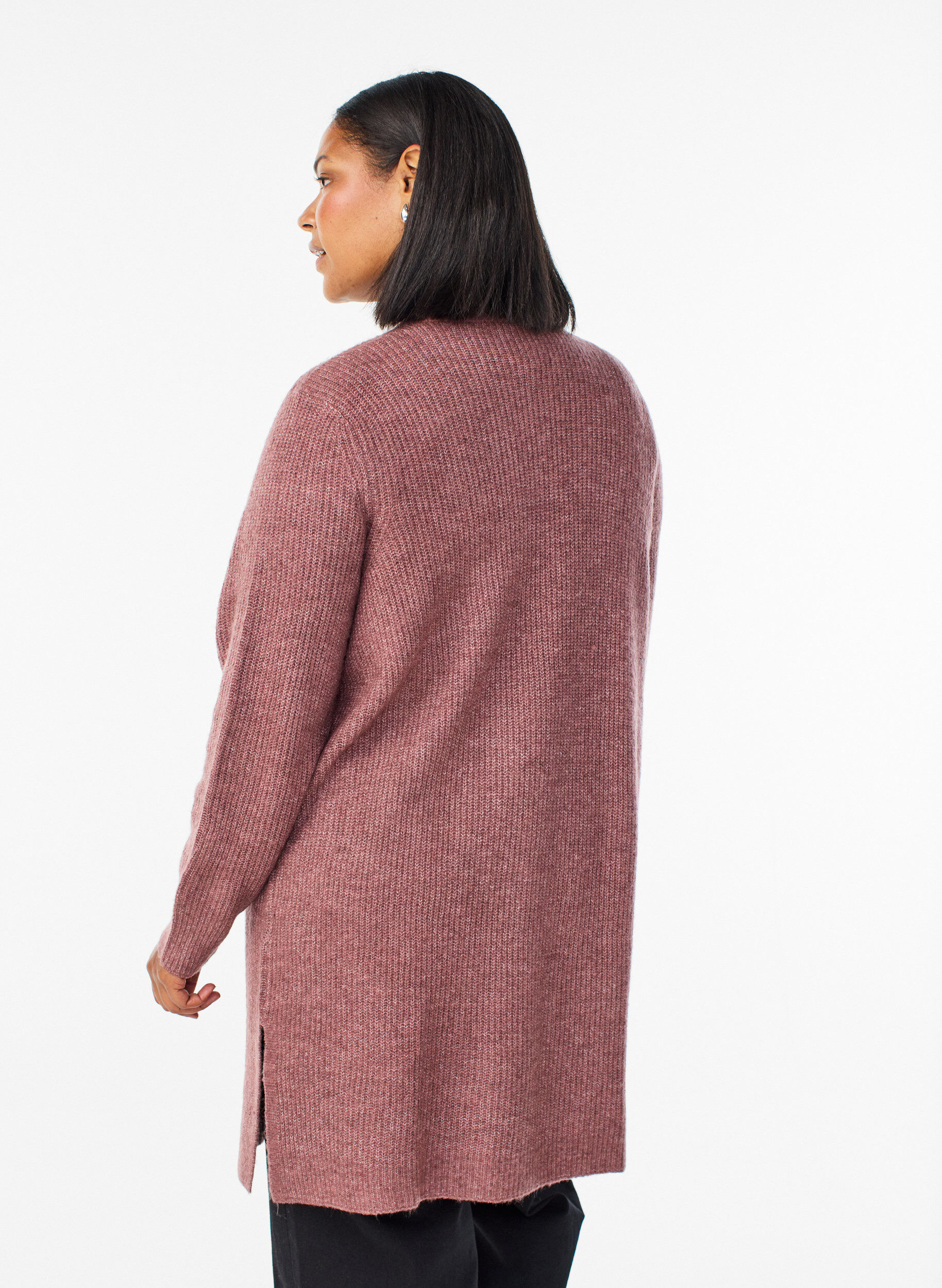 Zizzi Lang ribstrikket cardigan med &aring;ben front, Lyser&oslash;d, Model image number 2