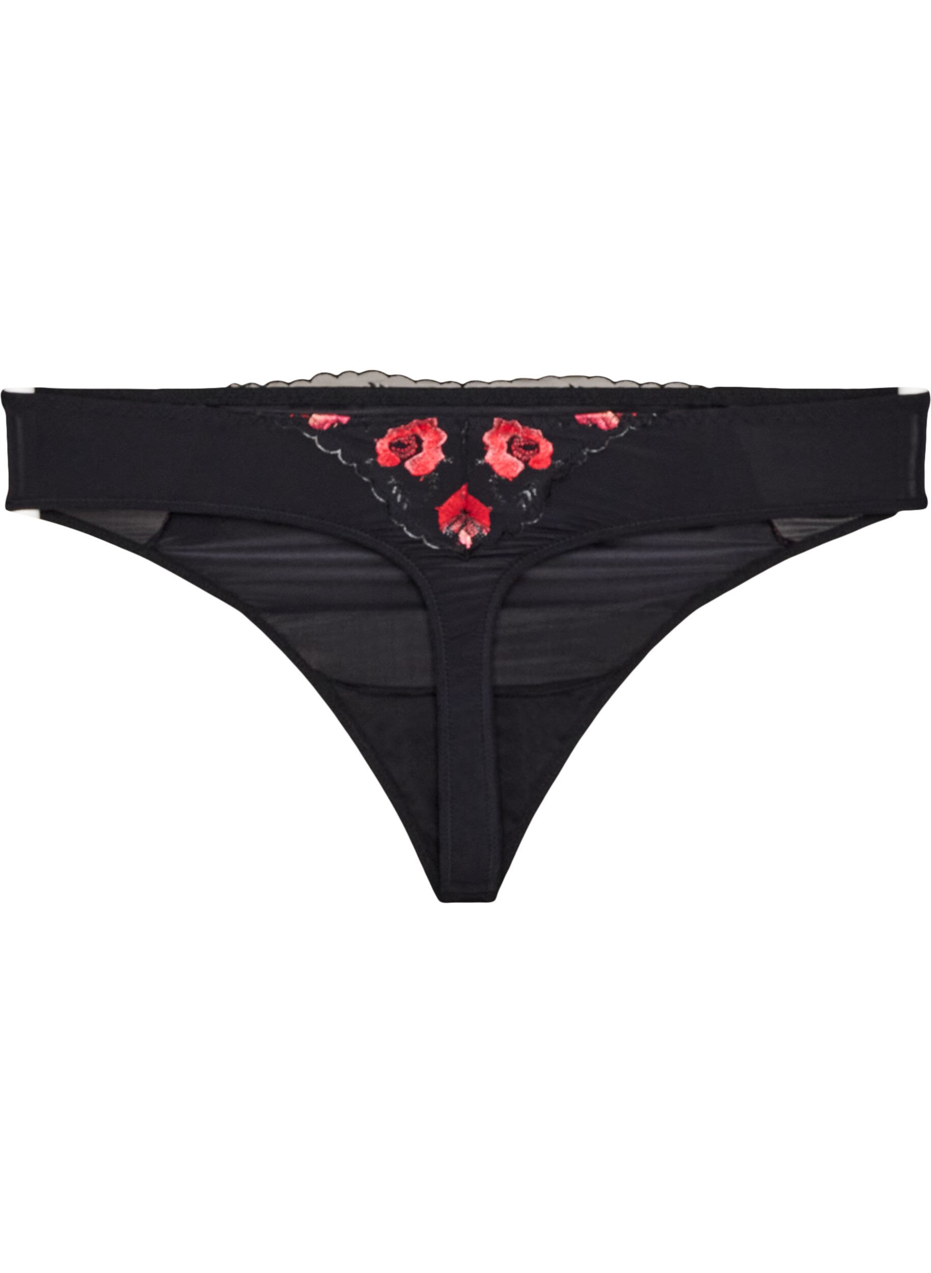 ZizziG-streng i microfiber med blomsterbroderi, Sort, Packshot image number 1