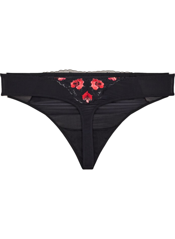 G-streng i microfiber med blomsterbroderi, Sort, Packshot image number 1