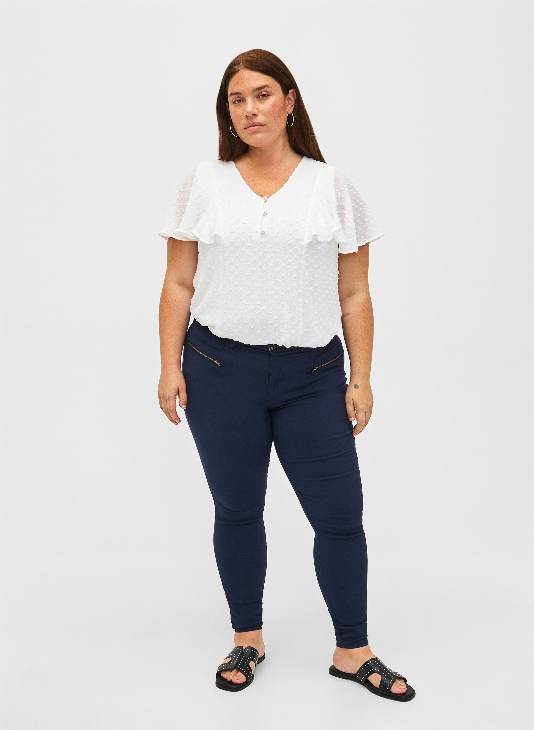 Zizzi Bluse med prikket tekstur og korte &aelig;rmer, Bright White, Model image number 2