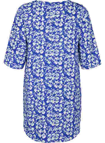 Printet kjole med 3/4 ærmer, Blue White Flower, Packshot image number 1