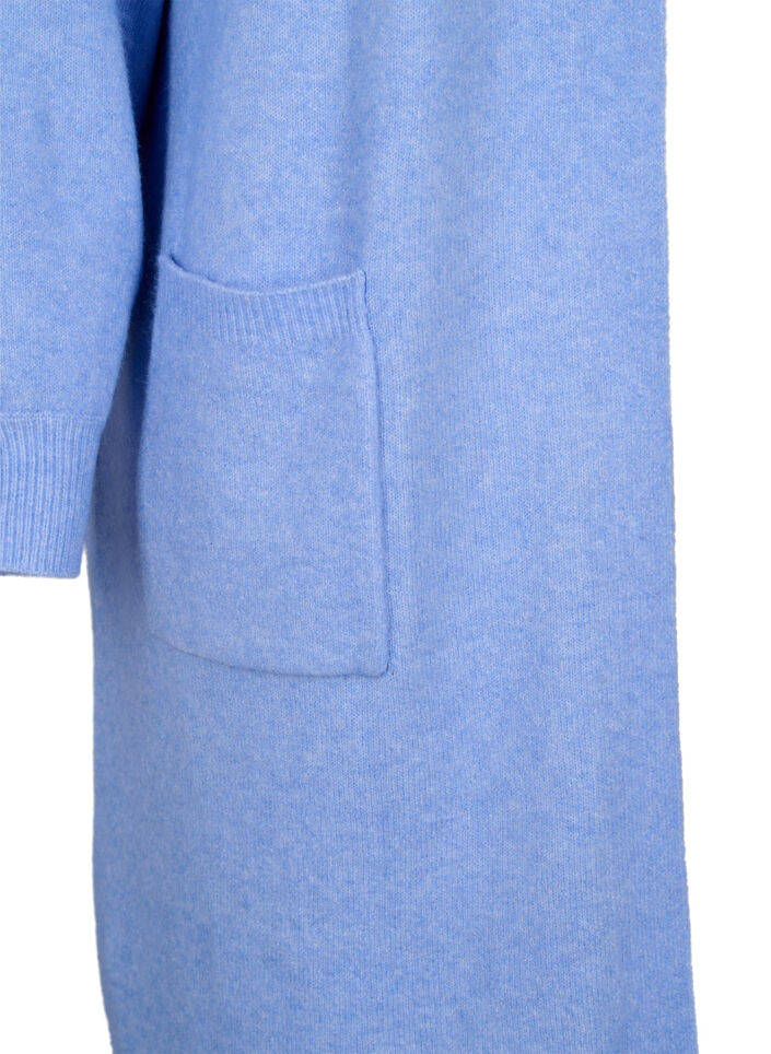 Lang strikcardigan med lommer, Cornflower Blue Mel., Packshot image number 3