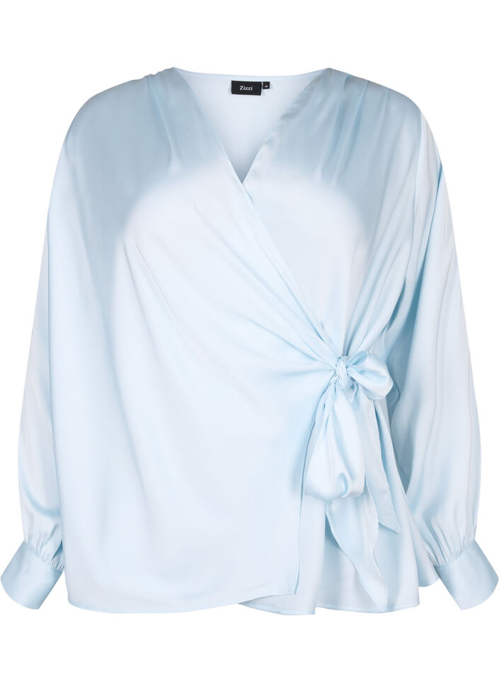 Festbluse i satin med wrap, Delicate Blue, Packshot image number 0