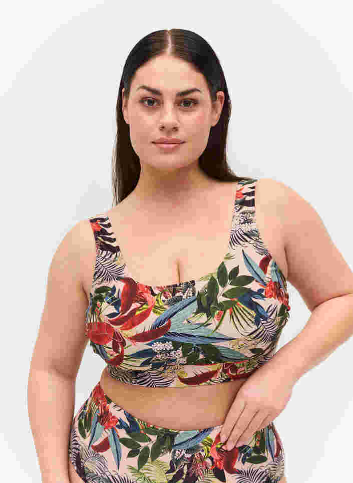 Printet bikini top med rund halsudskæring, Palm Print, Model