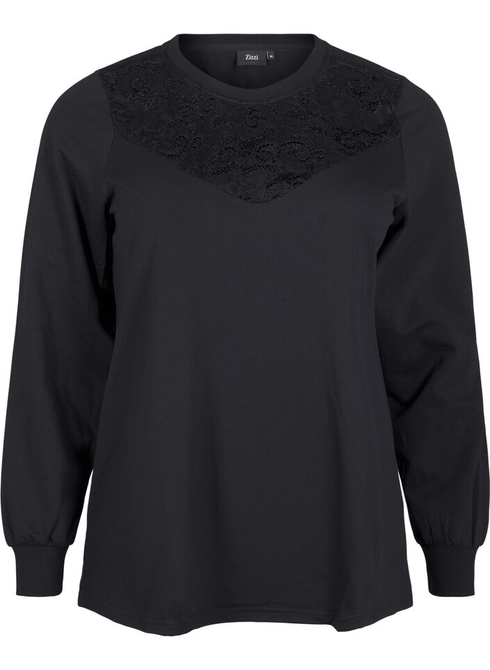 Sweatshirt med blondedetalje, Black, Packshot image number 0