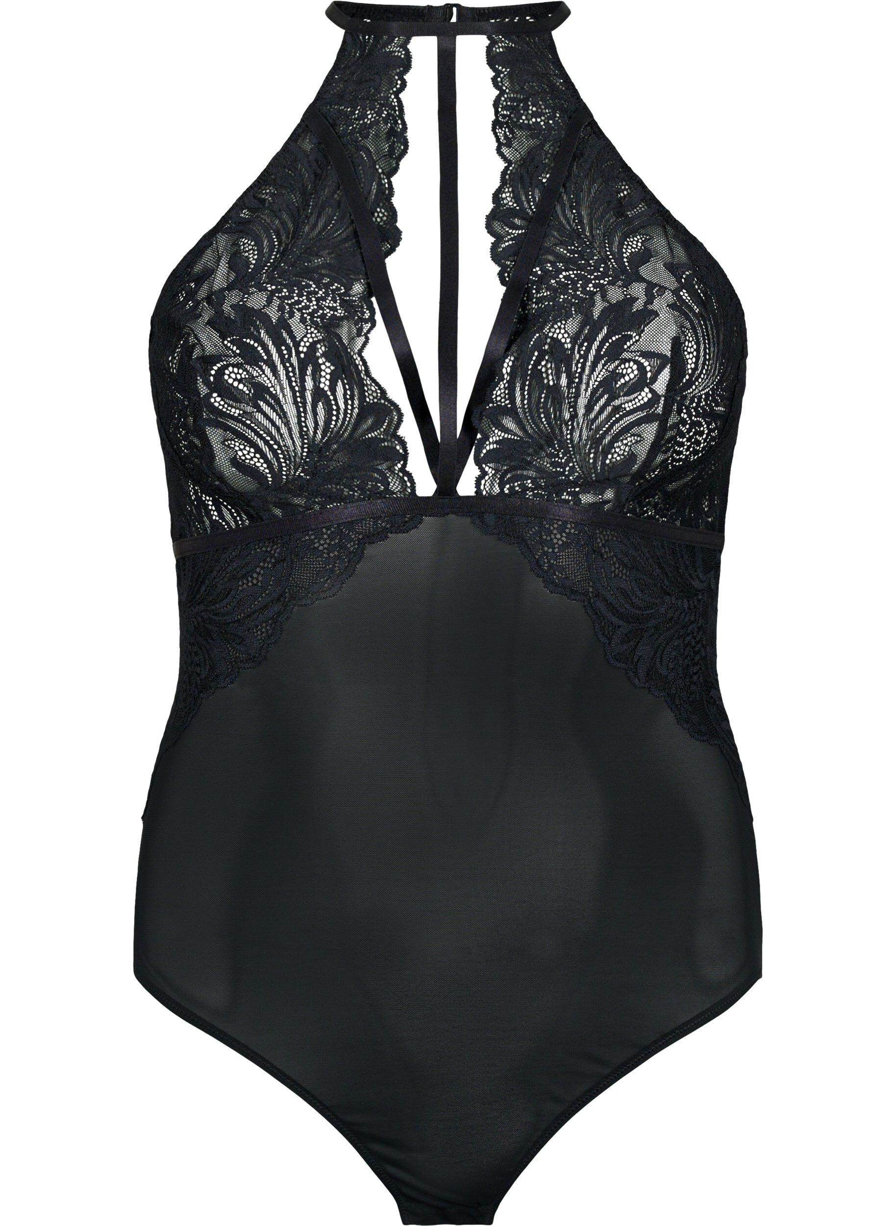 Zizzi Halterneck bodystocking med blonder og strings, Black, Packshot image number 0