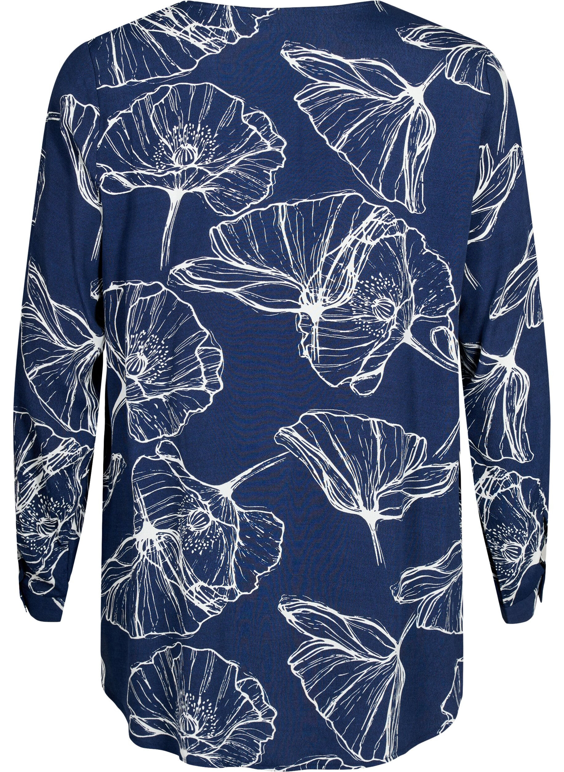 Zizzi Viskose skjorte med blomsterprint og lange &aelig;rmer, Navy B./Big Fl.AOP, Packshot image number 1