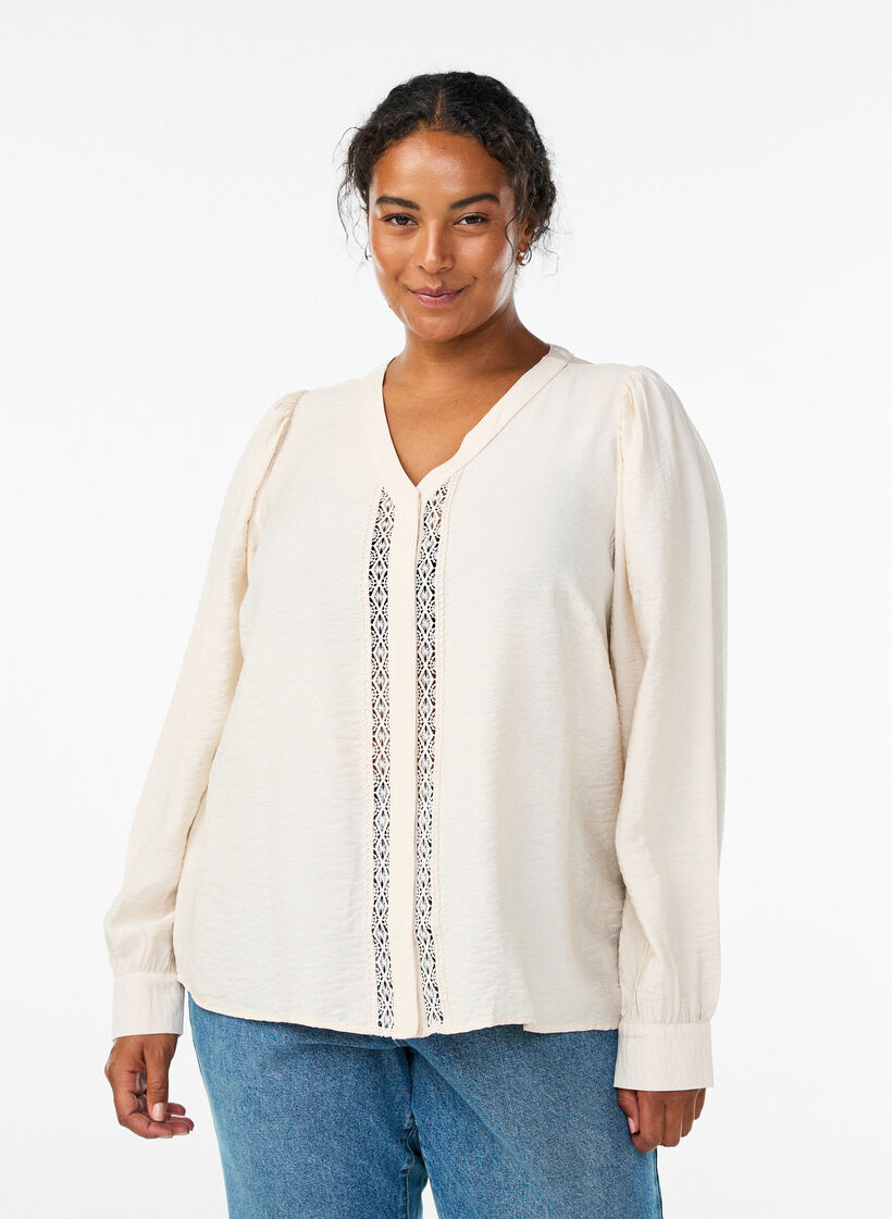 Bluse med V-hals og broderede bånd, Beige, Model image number 0