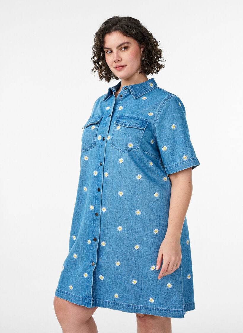 Kort denimkjole med broderede blomster, Bl&aring;, Model image number 0