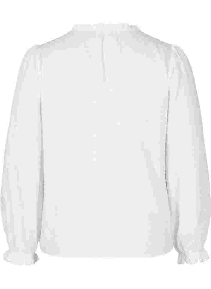 Langærmet bluse med smock- og flæsedetaljer, Bright White, Packshot image number 1