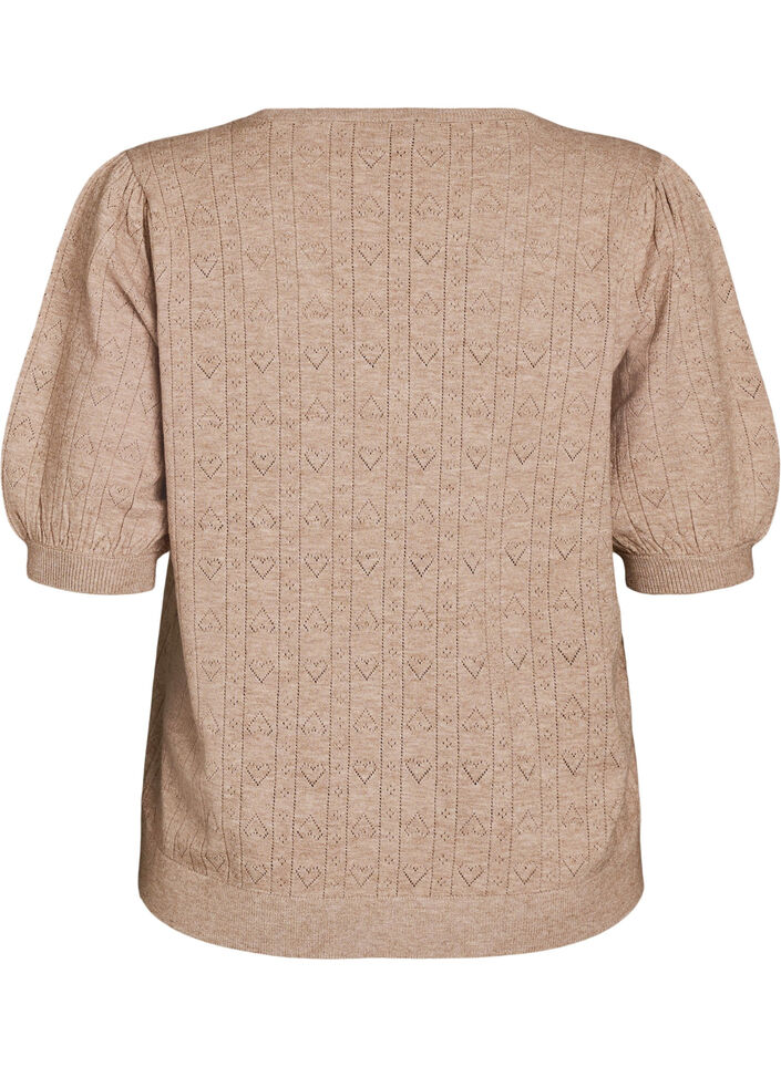 Kort&aelig;rmet strikbluse med pointellem&oslash;nster, Beige, Packshot image number 1