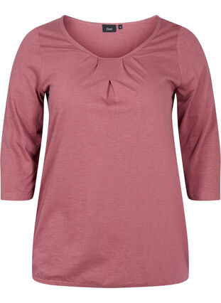 Ensfarvet bluse med 3/4 ærmer i bomuld, Rose Brown, Packshot image number 0