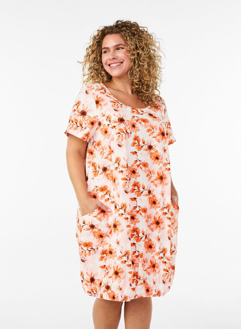 Kort&aelig;rmet bomuldskjole med print, Orange, Model image number 0