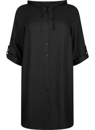 Skjortekjole i viskose med hætte og 3/4 ærmer, Black
