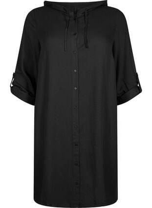 Skjortekjole i viskose med hætte og 3/4 ærmer, Black, Packshot image number 0