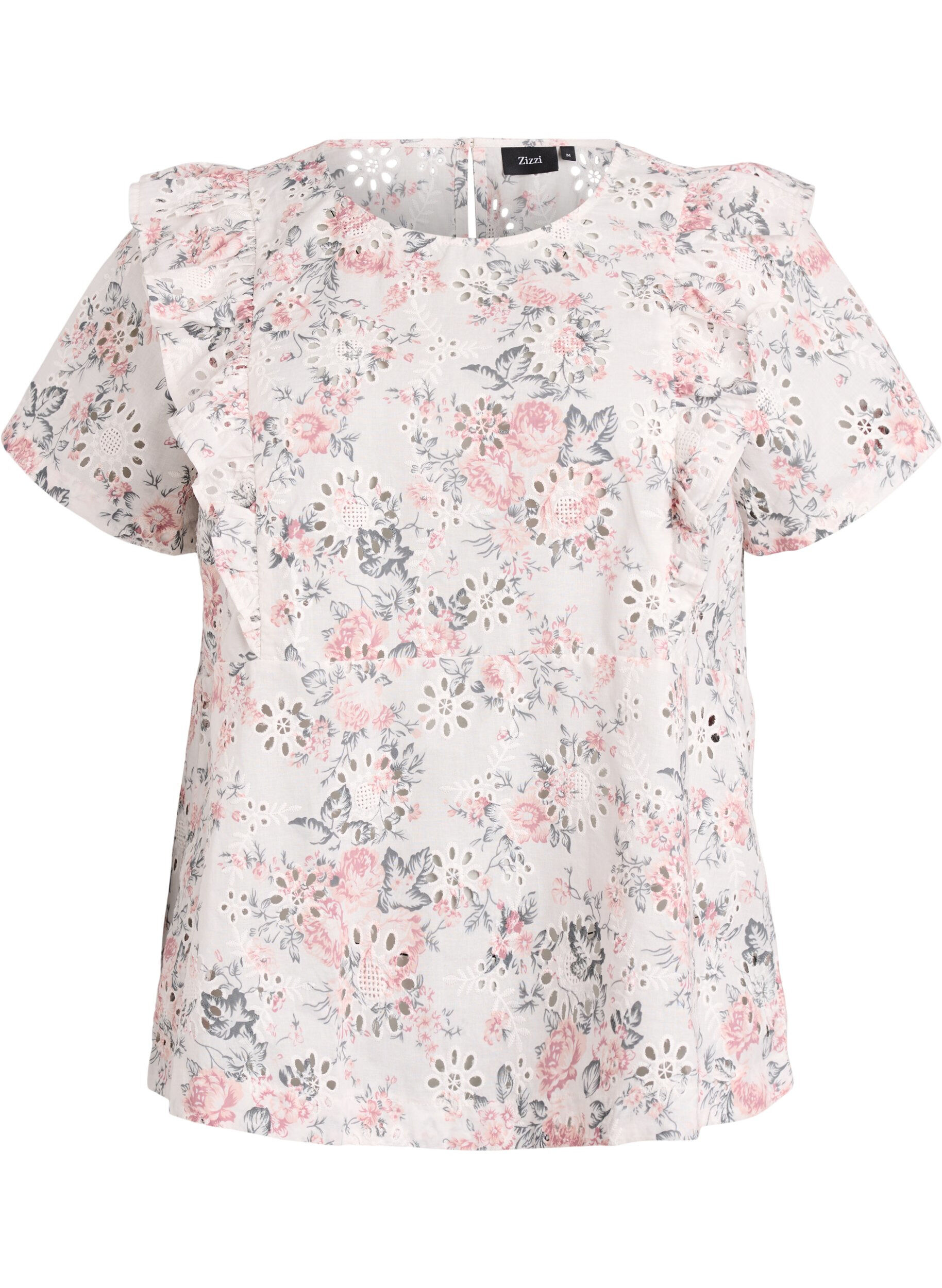 ZizziBluse i bomuld med broderie anglaise og fl&aelig;ser, Lyser&oslash;d, Packshot image number 0