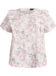 Bluse i bomuld med broderie anglaise og fl&aelig;ser, Lyser&oslash;d